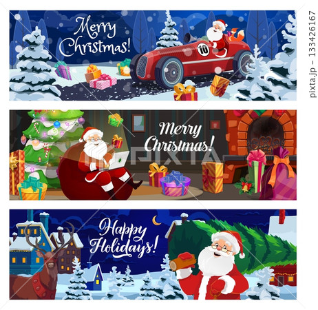 Christmas banners with funny Santa characters. Vector holiday personage in racing car and gifts on snow. Cartoon Santa by the fireplace and reading letter on his laptop. Santa holding festive fir tree Christmas banners with funny Santa characters. Vector holiday personage in racing car and gifts on snow. Cartoon Santa by the fireplace and reading letter on his laptop. Santa holding festive fir tree 133426167