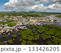 Coastal town with houses and boats surrounded by mangrove forest and water. Siargao, Philippines. 133426205