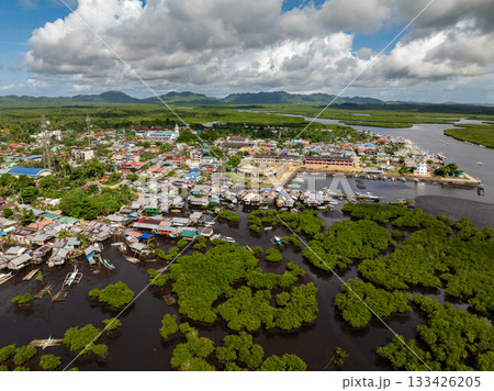 Coastal town with houses and boats surrounded by mangrove forest and water. Siargao, Philippines. 133426205