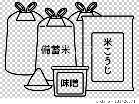 Rice, koji, miso, Japanese food and stockpile line icon set Rice, koji, miso, Japanese food and stockpile line icon set 133426371