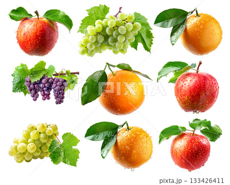 Set of apple, orange and red grapes hanging on the vine with green leaves, isolated on a white transparent background Set of apple, orange and red grapes hanging on the vine with green leaves, isolated on a white transparent background 133426411