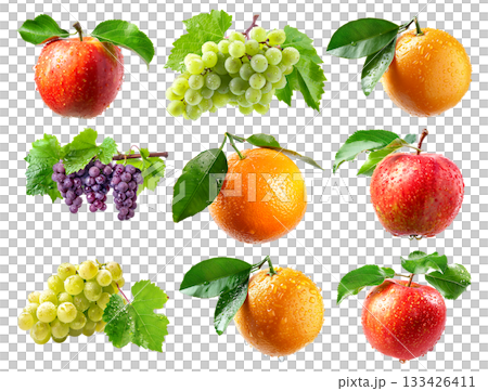 Set of apple, orange and red grapes hanging on the vine with green leaves, isolated on a white transparent background Set of apple, orange and red grapes hanging on the vine with green leaves, isolated on a white transparent background 133426411