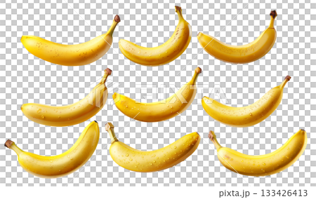 Set of yellow bananas with water droplets, isolated on white background 133426413
