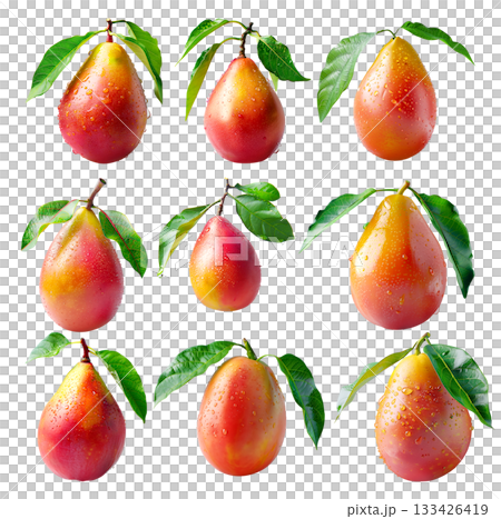 Set of mango with green leaves and water drops isolated on white transparent background 133426419
