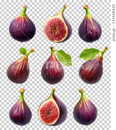 Set of fresh fig and halved fig showing its vibrant interior with green leaf isolated on white transparent background Set of fresh fig and halved fig showing its vibrant interior with green leaf isolated on white transparent background 133426420