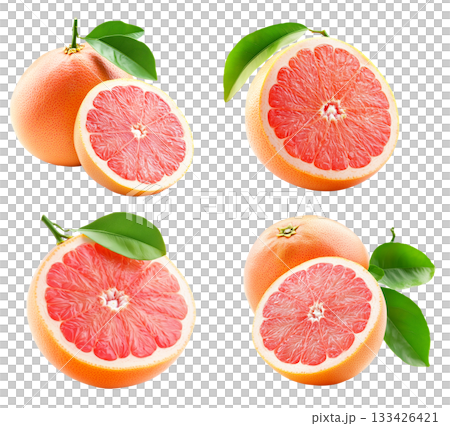 Set of grapefruit with green leaves isolated on white transparent background. Concept of healthy citrus fruit Set of grapefruit with green leaves isolated on white transparent background. Concept of healthy citrus fruit 133426421
