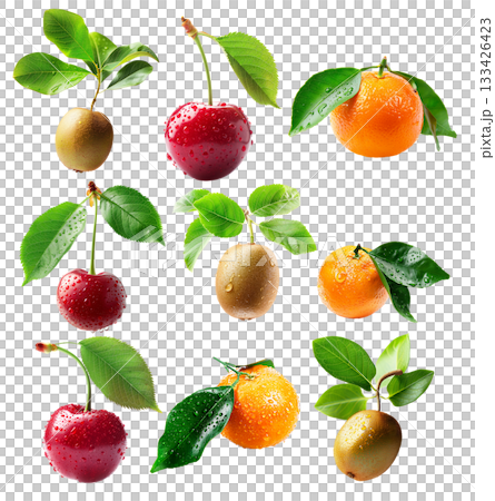 Set of kiwi, cherry and tangerine with green leaves, covered in water droplets, isolated on white transparent background Set of kiwi, cherry and tangerine with green leaves, covered in water droplets, isolated on white transparent background 133426423