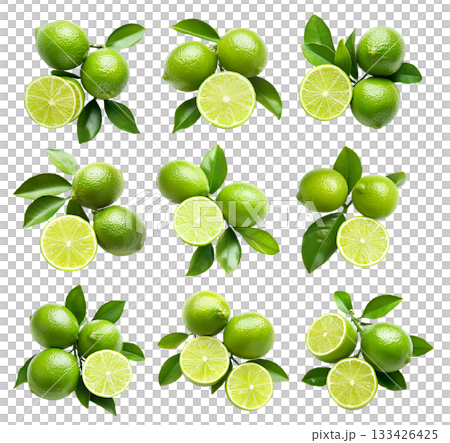 Set of green limes with fresh leaves, presented on white transparent background, freshness and citrus concept 133426425
