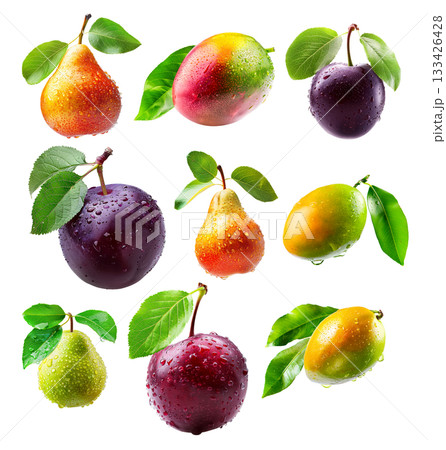 Set of mango, pear, plums or nectarine covered in dew drops with green leaves isolated on white background Set of mango, pear, plums or nectarine covered in dew drops with green leaves isolated on white background 133426428