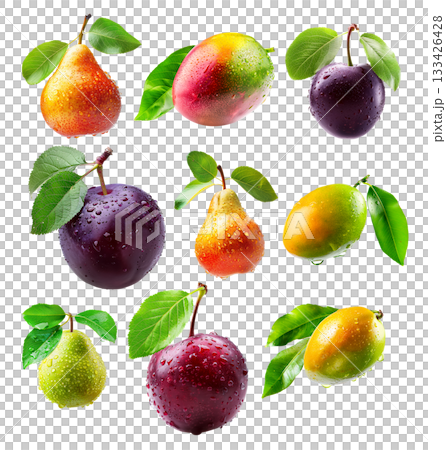 Set of mango, pear, plums or nectarine covered in dew drops with green leaves isolated on white background Set of mango, pear, plums or nectarine covered in dew drops with green leaves isolated on white background 133426428