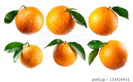 Set of orange with water droplets represents natural, vibrant citrus goodness isolated on a white transparent background 133426431