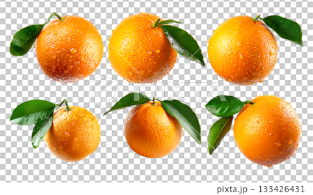 Set of orange with water droplets represents natural, vibrant citrus goodness isolated on a white transparent background 133426431