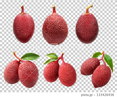 Set of lychees or salak with textured red skin and a green leaf, isolated on white transparent background Set of lychees or salak with textured red skin and a green leaf, isolated on white transparent background 133426436