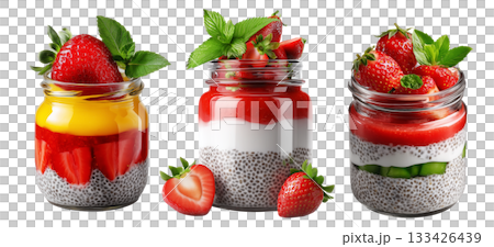 Fresh strawberry chia pudding in glass jar topped with mint leaves, isolated on white transparent background Fresh strawberry chia pudding in glass jar topped with mint leaves, isolated on white transparent background 133426439