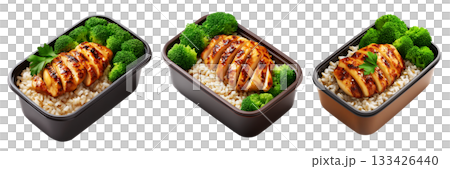 Healthy grilled chicken, brown rice, and broccoli in a black plastic meal container isolated on white transparent background Healthy grilled chicken, brown rice, and broccoli in a black plastic meal container isolated on white transparent background 133426440