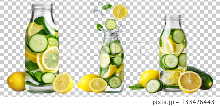 Sliced lemon, cucumber, and mint in glass jar with water splashing, isolated on white transparent background Sliced lemon, cucumber, and mint in glass jar with water splashing, isolated on white transparent background 133426443