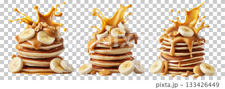 Stack of pancakes topped with banana slices and peanut butter splash isolated on white transparent background Stack of pancakes topped with banana slices and peanut butter splash isolated on white transparent background 133426449