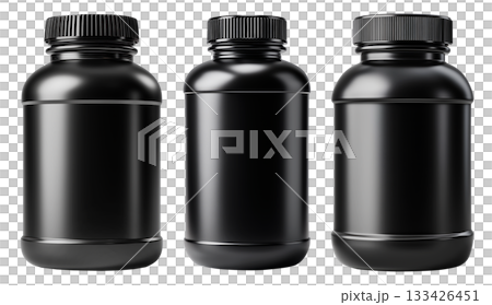 Black plastic pill or supplement container with screw cap on white background, concept of packaging and product branding 133426451