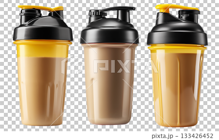 Shaker cup filled with chocolate protein shake, isolated on white transparent background, concept of fitness nutrition Shaker cup filled with chocolate protein shake, isolated on white transparent background, concept of fitness nutrition 133426452