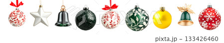 Various Christmas ornaments including baubles, stars, pine cone isolated on white background, New Yeaw and Christmas holidays 133426460