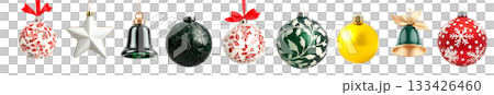 Various Christmas ornaments including baubles, stars, pine cone isolated on white background, New Yeaw and Christmas holidays Various Christmas ornaments including baubles, stars, pine cone isolated on white background, New Yeaw and Christmas holidays 133426460