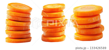 Tower of fresh carrot slices stacked neatly on a transparent background. Concept of healthy eating, nutrition, and vegetarian food presentation 133426589