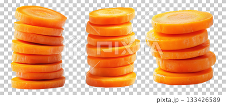 Tower of fresh carrot slices stacked neatly on a transparent background. Concept of healthy eating, nutrition, and vegetarian food presentation 133426589