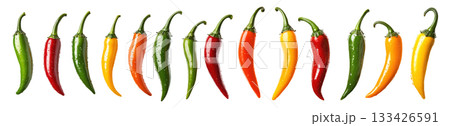 Chili peppers in green, red, yellow, and orange with water droplets isolated on white transparent background. Fresh and spicy food concept Chili peppers in green, red, yellow, and orange with water droplets isolated on white transparent background. Fresh and spicy food concept 133426591
