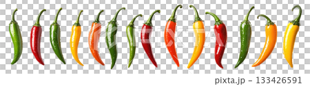 Chili peppers in green, red, yellow, and orange with water droplets isolated on white transparent background. Fresh and spicy food concept Chili peppers in green, red, yellow, and orange with water droplets isolated on white transparent background. Fresh and spicy food concept 133426591