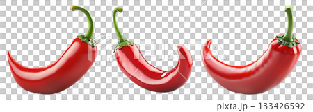 Glossy red chili pepper with a curved shape and green stem isolated on transparent background. Concept of spicy food, cooking, and hot flavor Glossy red chili pepper with a curved shape and green stem isolated on transparent background. Concept of spicy food, cooking, and hot flavor 133426592