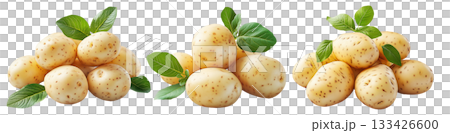 Fresh potatoes with green leaves isolated on white transparent background. Concept of healthy food. Fresh potatoes with green leaves isolated on white transparent background. Concept of healthy food. 133426600