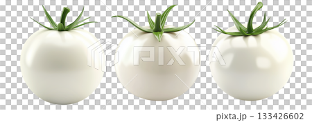 White tomato with a green stem isolated on white transparent background. Unique and rare vegetable concept, symbolizing genetic modification or rarity White tomato with a green stem isolated on white transparent background. Unique and rare vegetable concept, symbolizing genetic modification or rarity 133426602