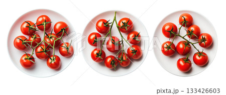 Ripe red cherry tomatoes on the vine placed on white plate against isolated on transparent background. Concept of fresh organic vegetables and healthy eating Ripe red cherry tomatoes on the vine placed on white plate against isolated on transparent background. Concept of fresh organic vegetables and healthy eating 133426603