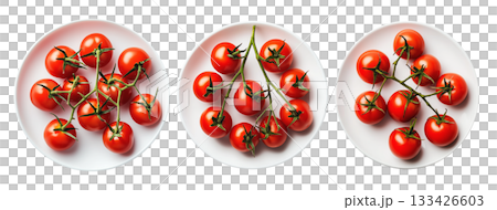 Ripe red cherry tomatoes on the vine placed on white plate against isolated on transparent background. Concept of fresh organic vegetables and healthy eating Ripe red cherry tomatoes on the vine placed on white plate against isolated on transparent background. Concept of fresh organic vegetables and healthy eating 133426603