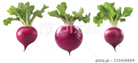 Fresh red turnip with green leaves isolated on white transparent background. Concept of healthy organic vegetables, nutrition, and farming Fresh red turnip with green leaves isolated on white transparent background. Concept of healthy organic vegetables, nutrition, and farming 133426604