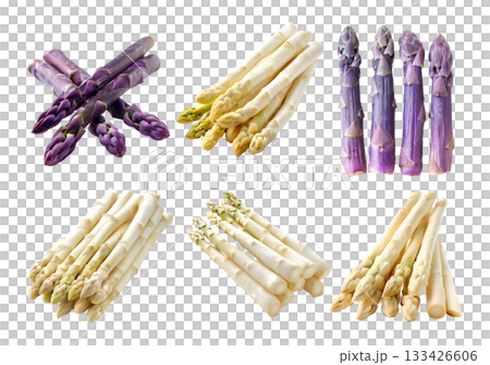 Set of Fresh green and purple asparagus spears isolated on a white background 133426606