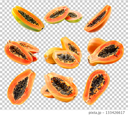 Papaya sliced open, revealing its black seeds isolated on a white transparent background. Concept of tropical fruit 133426617