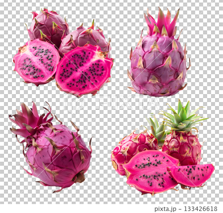 Closeup of pink dragon fruit with green scales isolated on a white transparent background. Exotic and tropical fruits 133426618