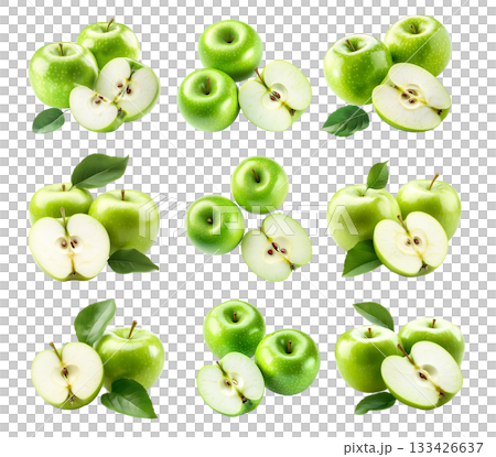 Set of green apples, one sliced in half, with a green leaf isolated on white transparent background 133426637