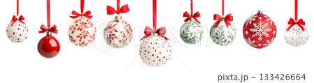 Various Christmas ornaments including baubles, stars, pine cone isolated on white background, New Yeaw and Christmas holidays 133426664
