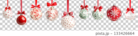 Various Christmas ornaments including baubles, stars, pine cone isolated on white background, New Yeaw and Christmas holidays 133426664