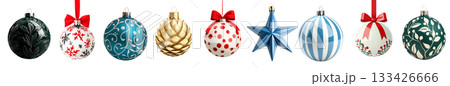 Various Christmas ornaments including baubles, stars, pine cone isolated on white background, New Yeaw and Christmas holidays Various Christmas ornaments including baubles, stars, pine cone isolated on white background, New Yeaw and Christmas holidays 133426666