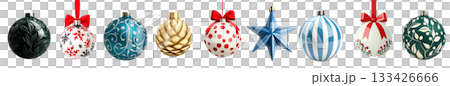 Various Christmas ornaments including baubles, stars, pine cone isolated on white background, New Yeaw and Christmas holidays Various Christmas ornaments including baubles, stars, pine cone isolated on white background, New Yeaw and Christmas holidays 133426666