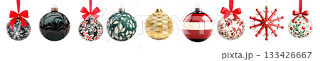 Various Christmas ornaments including baubles, stars, pine cone isolated on white background, New Yeaw and Christmas holidays Various Christmas ornaments including baubles, stars, pine cone isolated on white background, New Yeaw and Christmas holidays 133426667