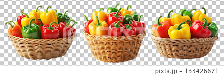 Wicker basket filled with fresh red, yellow, and green bell peppers isolated on white transparent background. Concept of healthy eating, organic vegetables, and nutrition Wicker basket filled with fresh red, yellow, and green bell peppers isolated on white transparent background. Concept of healthy eating, organic vegetables, and nutrition 133426671