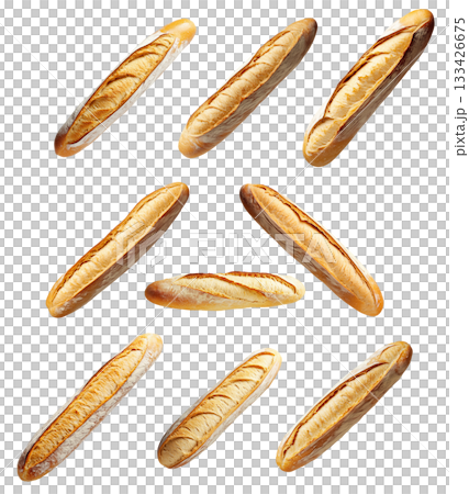 Set of crusty French baguette isolated on white transparent background, concept of fresh bread Set of crusty French baguette isolated on white transparent background, concept of fresh bread 133426675