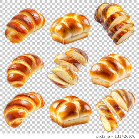 Set of golden-brown brioche loaf, isolated on white transparent background, concept of baked goods Set of golden-brown brioche loaf, isolated on white transparent background, concept of baked goods 133426676