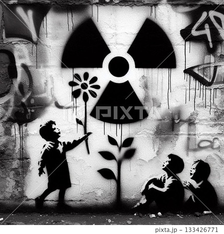 未来への希望と問いかけ:放射能標識と子供たち【バンクシー風】 未来への希望と問いかけ:放射能標識と子供たち【バンクシー風】 133426771