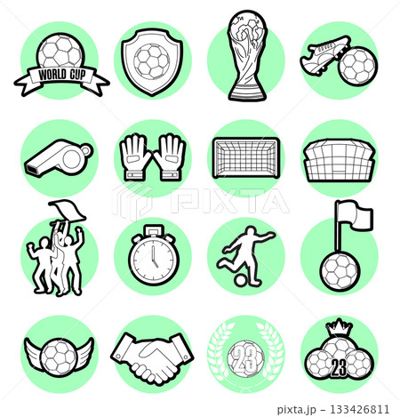 A collection of line-art icons related to the World Cup and football, presented on distinct mint green circular backgrounds. The set features key elements such as the winner's trophy, soccer ball, goa 133426811