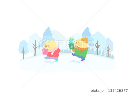 プレゼントを持って歩くかわいい猫の手描きイラスト素材 プレゼントを持って歩くかわいい猫の手描きイラスト素材 133426877